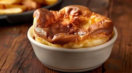 A Yorkshire pudding is a classic British delicacy, known for its light, crispy outside and soft inside texture. Light and airy dough baked in the oven. - obrazy, fototapety, plakaty