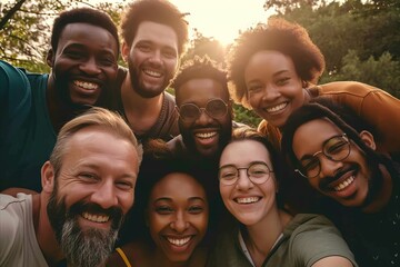 Group of diverse friends smiling and looking at camera in a park. - Powered by Adobe