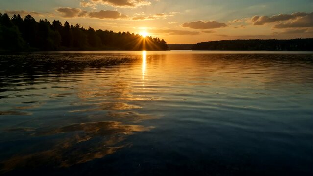 Beautiful lake scenery, birds flying, sunset, summer Seamless looping 4k time-lapse animation video background