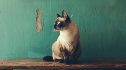 A solitary siamese cat sitting on a wooden table in front of a greenish blue wall - Powered by Adobe