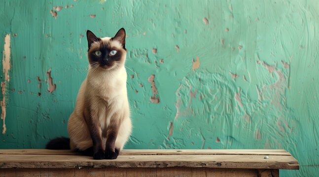 A solitary siamese cat sitting on a wooden table in front of a greenish blue wall