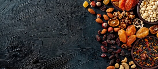 Assortment of dried fruits and nuts arranged on a dark wooden surface with empty space for text. Top-down perspective. Representing the Jewish festival of Tu Bishvat.