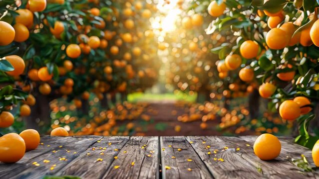 Fresh tangerines on wooden table in orange orchard, close up