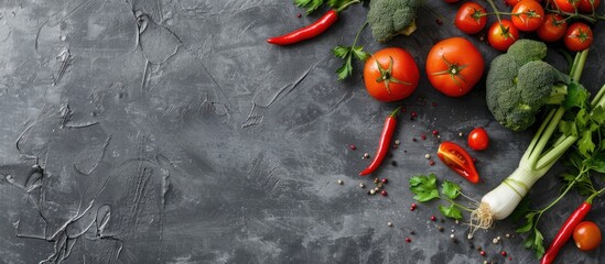 Fresh vibrant organic vegetables in a top-down perspective, placed on a grey stone worktop. Ample space for adding text in the layout. - obrazy, fototapety, plakaty