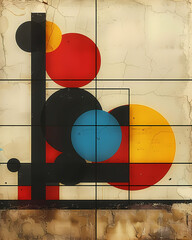 Abstract Geometric Art Poster: Vibrant Painting with Circles, Squares, and Lines on Wall