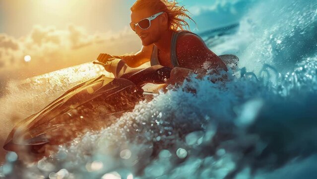 Young man riding a water bike jet ski in the sea on a sunny day