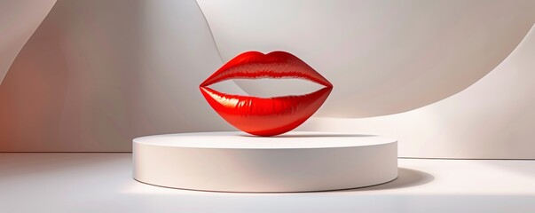 Surreal red lips sculpture on a pedestal with abstract background