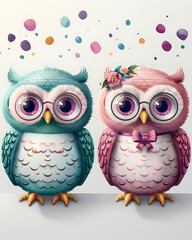 Obraz premium Cute Cartoon Baby Owls in Pastel Colors with Flowers & Bows, Ideal for Childrens Wallpaper & Nursery Decor