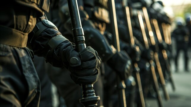 A line of officers holding long batons at the ready prepared to use them as a defensive tool to control a crowd and protect themselves from potential attacks. .