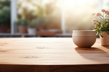 Wooden table with ceramic bowl and plant near window