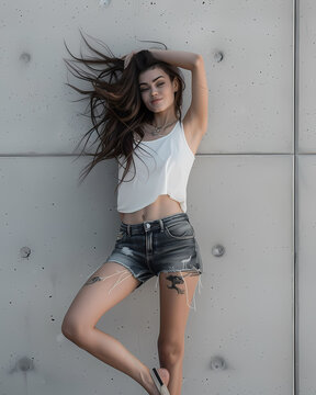 Vibrant painting on canvas with a woman in denim shorts and white tank top posing for a photoshoot art photography stock image