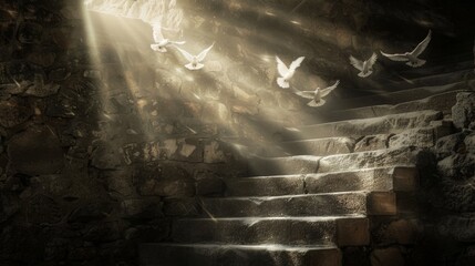 Ascending to Hope: Sunlight, Stone Stairs, and White Doves - obrazy, fototapety, plakaty