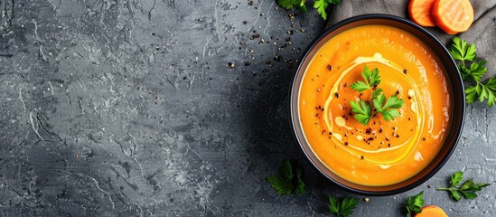 Creamy pumpkin and carrot soup displayed on a grey stone surface with space for text. Viewed from above.