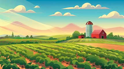 Farm field summer rural countryside concept drawing painting art wallpaper background - obrazy, fototapety, plakaty