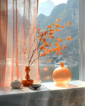 Cubist-Inspired Still Life: Orange Flowers in a Vase, Window Sill, Ink Painting, Light Track Photography, Realistic Art