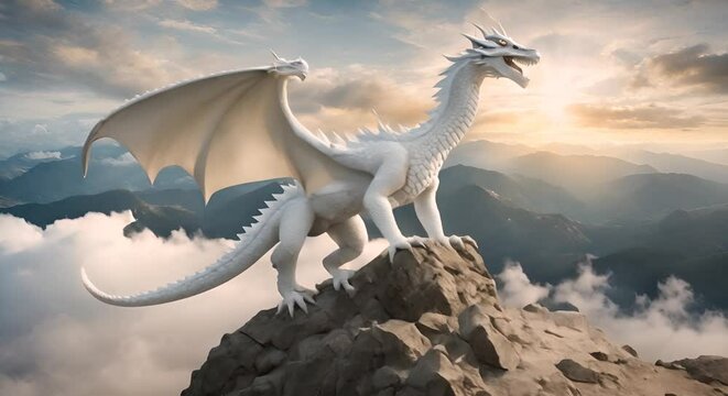 Big stunning white dragon sit on rock high above the clouds Mystical magical creature from fairy tale Sky background Monster from legends and myths Mystery wild animal from old medieval times