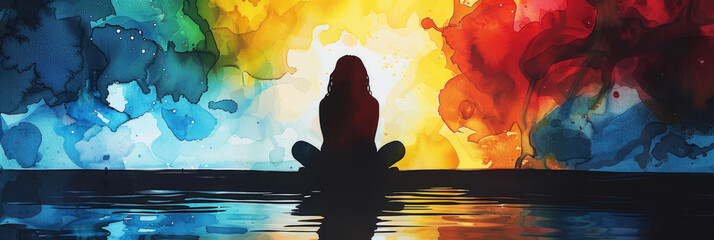 A painting depicting a person sitting on a surfboard amidst the rippling water