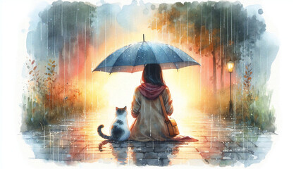 A girl with a cat under an umbrella