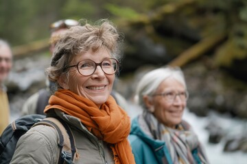 Portrait of happy senior woman with group of friends in the background