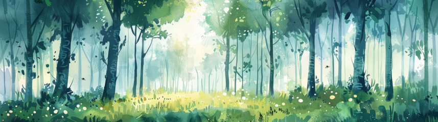 A painting depicting tall trees and lush green grass in a dense forest setting - obrazy, fototapety, plakaty