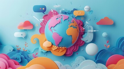 Fototapeta premium Intricate Papercut Vibrant Social Media Chat Globe in Sleek Style