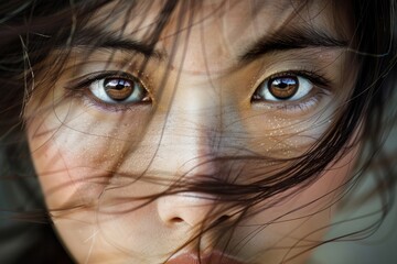 Beautiful woman portrait, asian woman eyes close-up. Hairs blown by the wind - obrazy, fototapety, plakaty