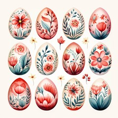 Vector illustration, set of easter eggs. Gorodets painting stylization. Russian native floral ornaments