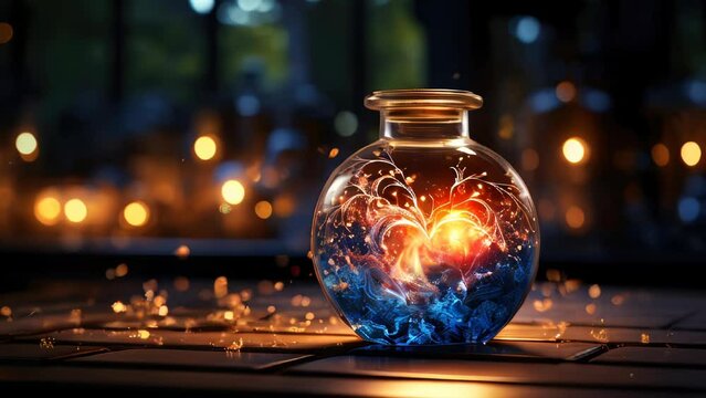 Burning magic potion in crystal bottle. Halloween witchcraft and alchemy concept