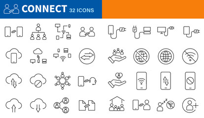 Fototapeta na wymiar Connect icon set. Editable thin line stroke icon on the theme of networking and connecting people.