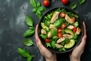 Female hands holding a nutrient-dense salad bowl filled with fresh tomatoes, chicken, avocado and green leaves