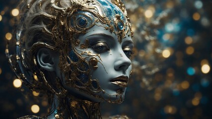 Highly detailed, ornate robotic woman captured in moment of stillness, surrounded by cascade of sparkling lights that dance around intricate designs carved into its metallic surface. Figures head.