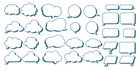 Zbiór różnorodnych dymków mowy i myśli, każdy o unikalnym kształcie i wzorze, w tym zaokrąglone prostokąty, owale, chmury. Różne style komunikacji.