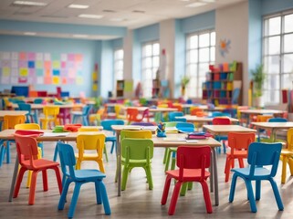 Vibrant learning environment depicted in image, showcasing classroom filled with child-sized plastic chairs, matching desks, all neatly arranged in rows. Each desk adorned with open notebooks.