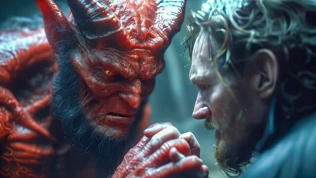 Man and devil demon in the forest. Halloween. Fairy tale