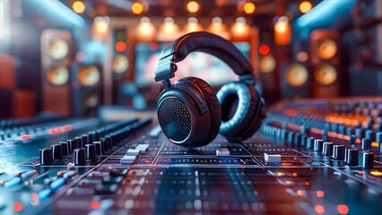 Headphones on sound mixer. Music concept