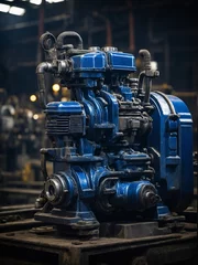 Fotobehang Complex blue industrial machine with multiple pipes, valves dominates foreground, situated on wooden pallet in what dimly lit workshop  intricate network of metallic pipes, some with flanges. © Tamazina