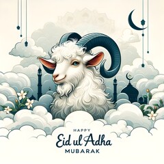 Eid ul Adha, Islamic festival of sacrifice, Eid-Al-Adha beautiful sheep style concept with illustration of sheep, cloudy & mosque background, happy Eid ul Adha Muslim festivals, Eid Mubarak, Ai pic
