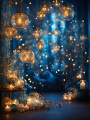 Magical scene unfolds in image, with numerous orbs suspended in air, emitting soft, golden light that illuminates dark surroundings. Orbs dangle from invisible threads.