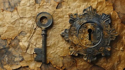 Fototapeta na wymiar Ancient Artifact Icon Keylock with Intricate Carved Pattern on Textured Parchment