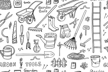 Seamless pattern of garden tools in doodle style. Watering can, spade, trowel, fork, pruners, shears, wheel barrow, seeds, spray, ladder. Great for banners, websites, packaging. Hand drawn © Natalia