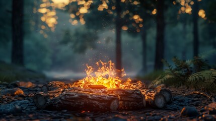 An active fire pit burns in the center of a dense forest campsite, surrounded by trees and foliage.