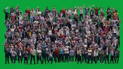 Group of multicultural people cheering for football team playing in world league. Huge crowd of supportive sport fans gesticulate and shout watching soccer match on stadium. Chroma key. Alpha channel.
