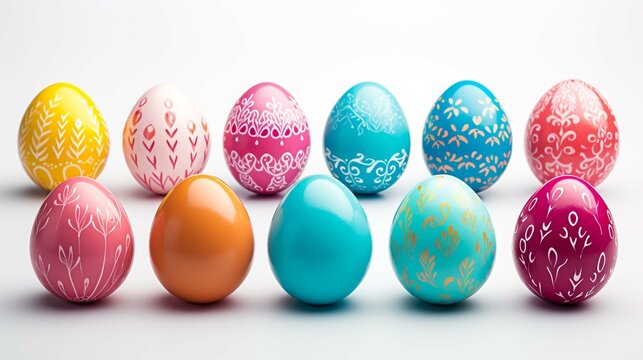 Set of watercolor multicolored, floral Easter eggs and eggs with ears and multicolored feathers on a white background. The image can be used in greeting cards, posters, flyers, banners, logos