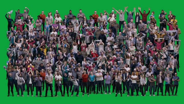 Group of multicultural people cheering for football team playing in world league. Huge crowd of supportive sport fans gesticulate and shout watching soccer match on stadium. Chroma key. Alpha channel.