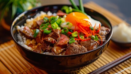 Fototapeta premium a bowl of Asian cuisine, a Japanese donburi dish, featuring steamed rice topped with succulent slices of beef, an egg with a runny yolk, chopped green onions, and garnished with pickled red ginger