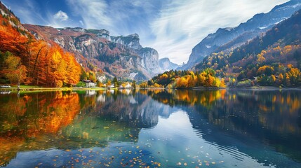 Calm Serenity of Mountain Lake Reflecting Surrounding Autumn Colors