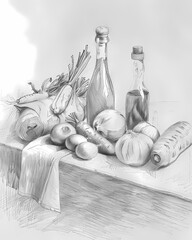 Kitchen Counter Still Life: Vegetables and Oil Sketch on Tabletop, Vibrant Art Print