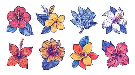 Vibrant Tropical Flower Line Icon Set for Exotic Designs