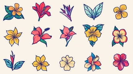 Vibrant Line Icon Set of Tropical Flowers Hibiscus Plumeria and Bird of Paradise