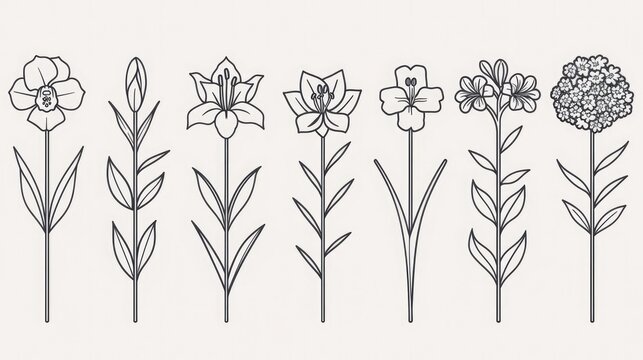 Elegant Line Icon Set Featuring Blooming Orchids Irises Lilies and Hydrangeas on a White Background